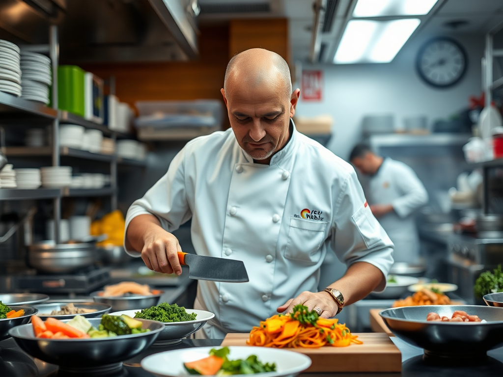 Kucharz przygotowuje danie w restauracyjnej kuchni, otoczony świeżymi składnikami i akcesoriami kuchennymi.