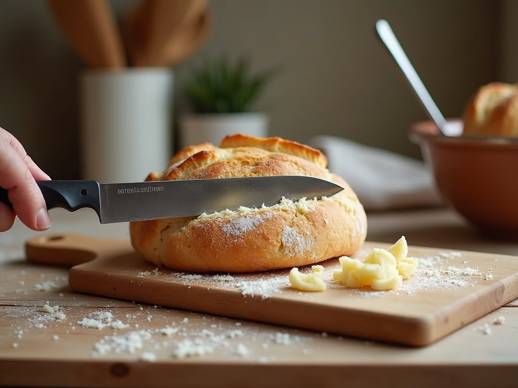 Krojenie świeżego chleba na desce, obok masło i naczynia kuchenne.