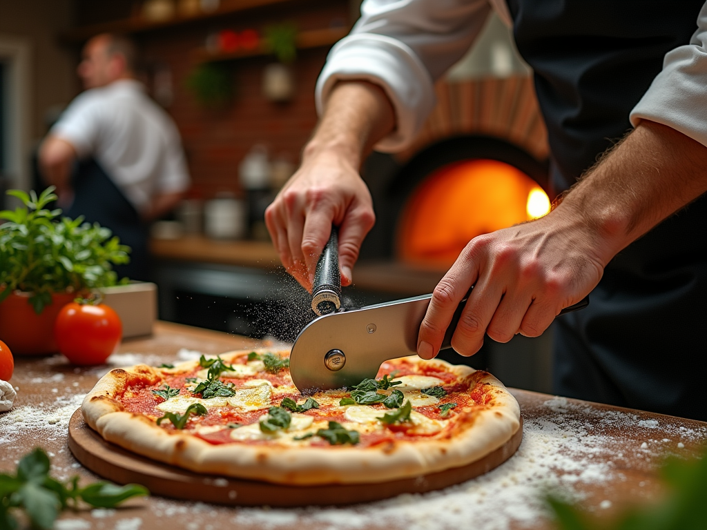 Kucharz posypuje pizzę bazylią, w tle piec opalany drewnem.