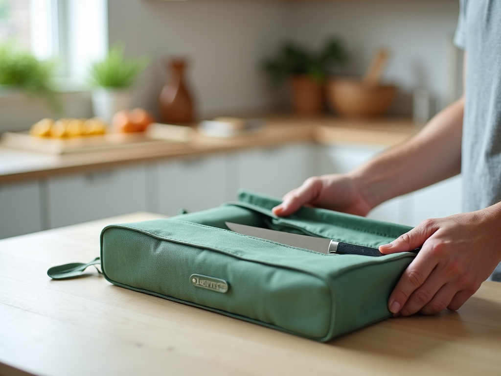 Osoba otwiera zieloną torbę na laptopa na drewnianym blacie kuchennym.